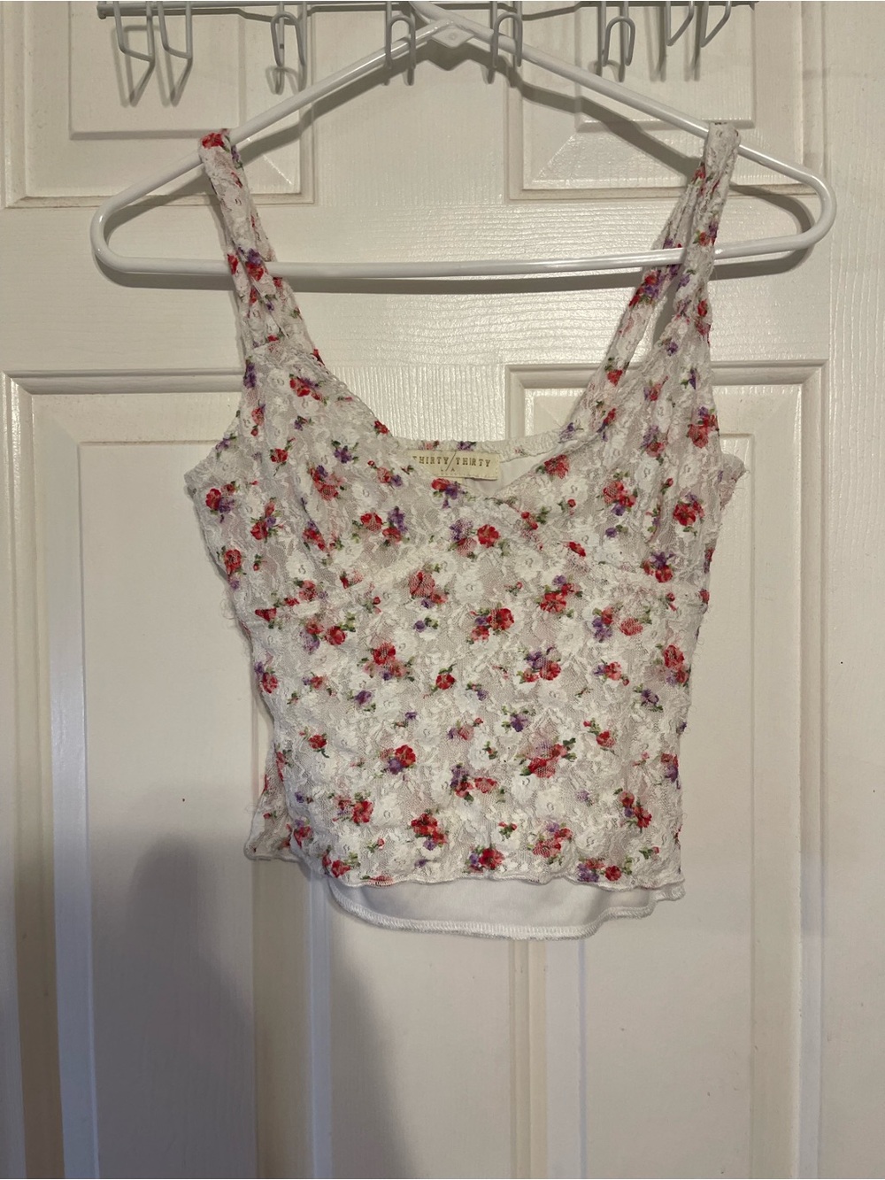Floral Lace Tank Top - White with Red & Pink Flowers double lined